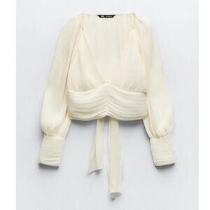 Zara Pleated Blouse Crop Top Tie Bow Back